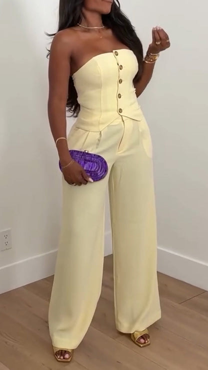 Ladies Strapless Button Up Top+ Pants Casual Outfit - MYSTERYBOXS