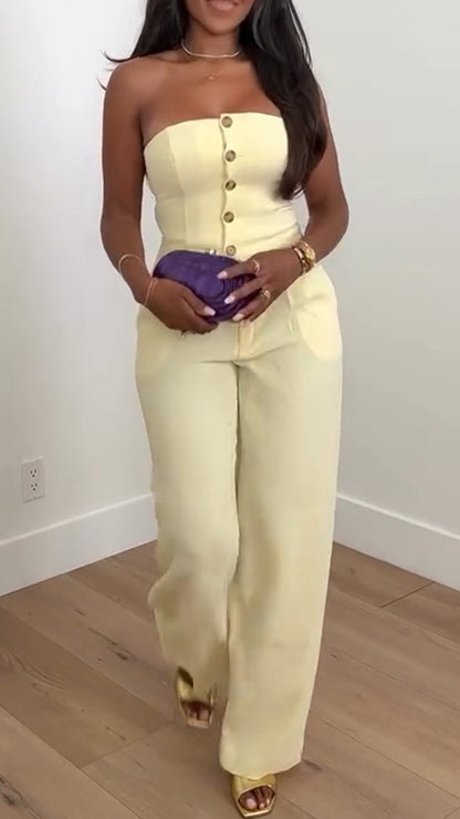 Ladies Strapless Button Up Top+ Pants Casual Outfit - MYSTERYBOXS