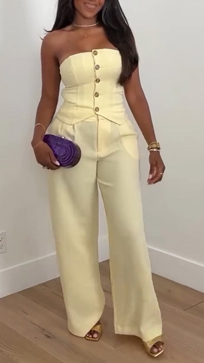 Ladies Strapless Button Up Top+ Pants Casual Outfit - MYSTERYBOXS