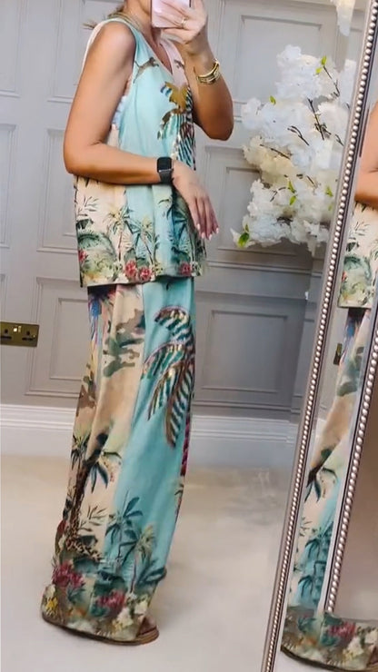 Ladies V-neck Printed Loose Casual Suit - MYSTERYBOXS