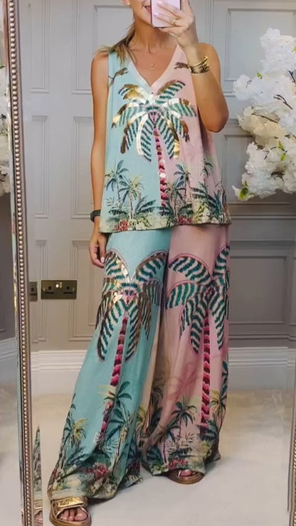 Ladies V-neck Printed Loose Casual Suit - MYSTERYBOXS