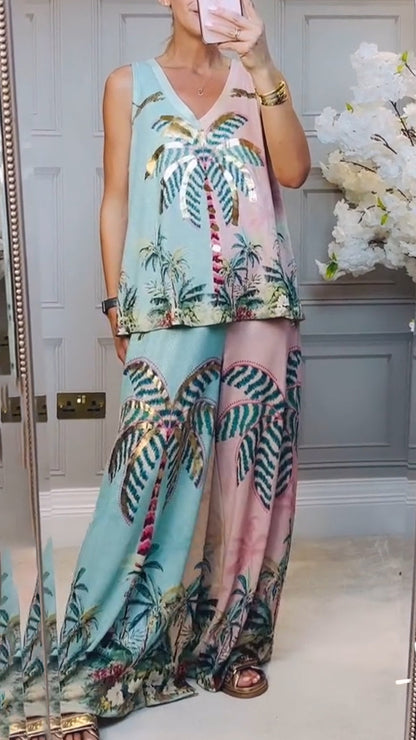 Ladies V-neck Printed Loose Casual Suit - MYSTERYBOXS