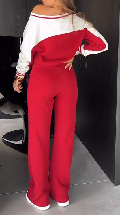 Ladies V-neck Contrasting Vertical Stripe Casual Suit - MYSTERYBOXS