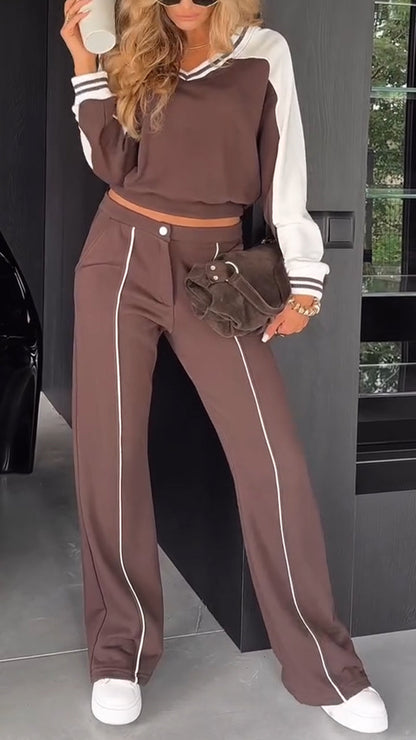 Ladies V-neck Contrasting Vertical Stripe Casual Suit - MYSTERYBOXS