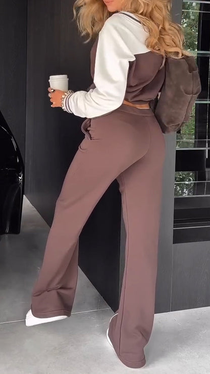 Ladies V-neck Contrasting Vertical Stripe Casual Suit - MYSTERYBOXS