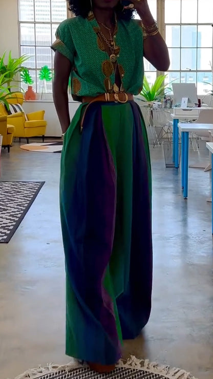 Ladies Round Neck Printed Top+ Contrasting Pants Casual Set - MYSTERYBOXS