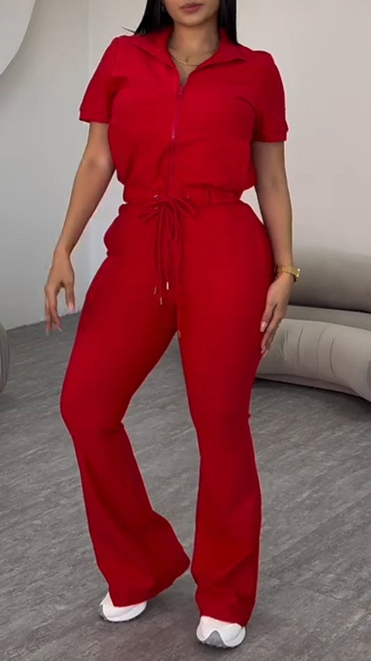 Damen Kragen Reißverschluss Kordelzug Einfarbig Casual Set