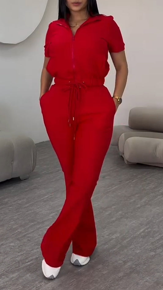 Damen Kragen Reißverschluss Kordelzug Einfarbig Casual Set