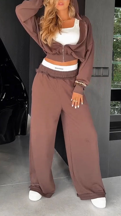 Ladies Round Neck Hooded Zipper Jacket+ Pants Casual Set - MYSTERYBOXS