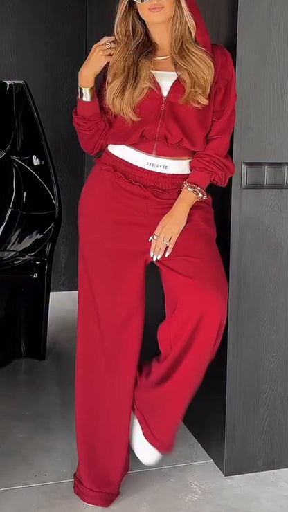 Ladies Round Neck Hooded Zipper Jacket+ Pants Casual Set - MYSTERYBOXS