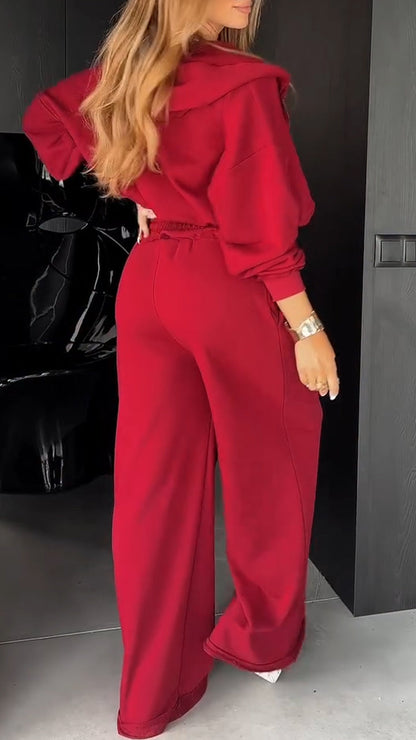 Ladies Round Neck Hooded Zipper Jacket+ Pants Casual Set - MYSTERYBOXS