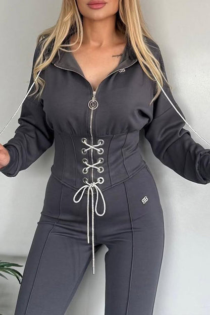 Women Collar Zipper Drawstring Top+ Pants Casual Set - MYSTERYBOXS