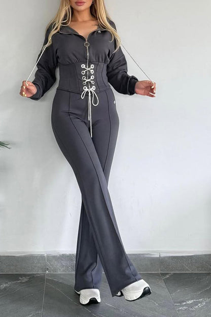Women Collar Zipper Drawstring Top+ Pants Casual Set - MYSTERYBOXS