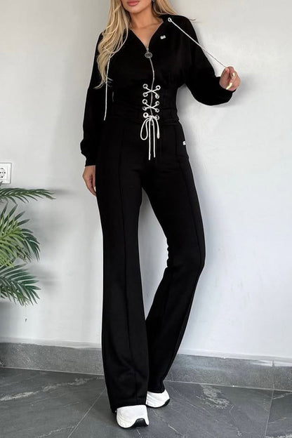 Women Collar Zipper Drawstring Top+ Pants Casual Set - MYSTERYBOXS