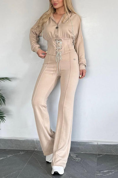 Women Collar Zipper Drawstring Top+ Pants Casual Set - MYSTERYBOXS