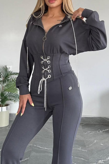 Women Collar Zipper Drawstring Top+ Pants Casual Set - MYSTERYBOXS