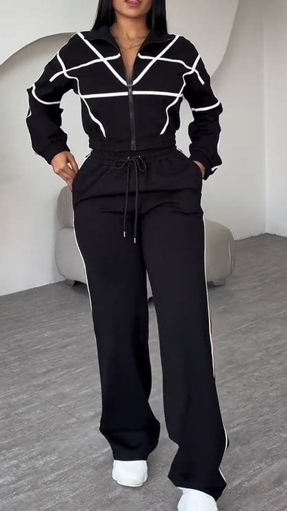 Ladies Collar Zipper Striped Top+ Pants Casual Set - MYSTERYBOXS