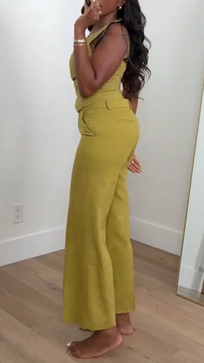 Women V-neck Strap Top+Pants Solid Color Casual Set - MYSTERYBOXS