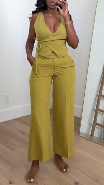 Women V-neck Strap Top+Pants Solid Color Casual Set - MYSTERYBOXS