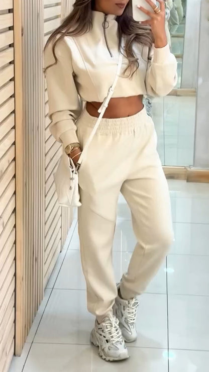 Ladies Round Neck Zipper Top+ Pants Casual Suit - MYSTERYBOXS