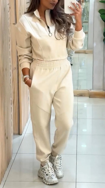 Ladies Round Neck Zipper Top+ Pants Casual Suit - MYSTERYBOXS