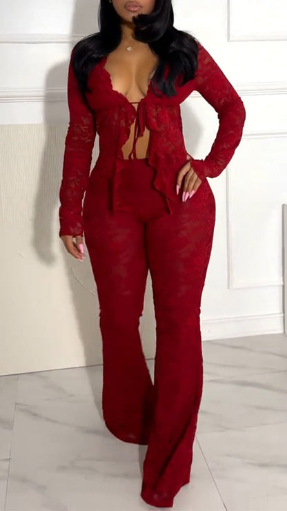 Ladies Printed Lace Strap Top+ Pants Sexy Temperament Set - MYSTERYBOXS