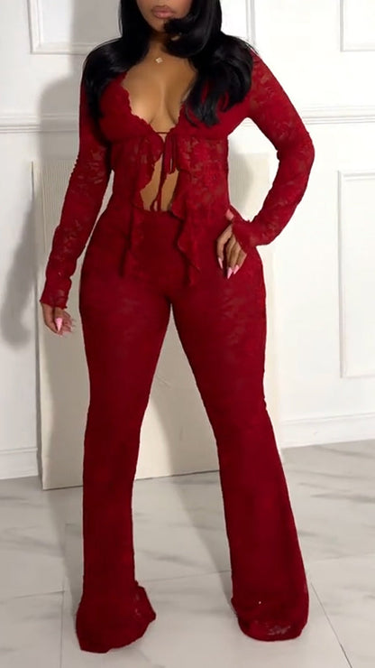 Ladies Printed Lace Strap Top+ Pants Sexy Temperament Set - MYSTERYBOXS
