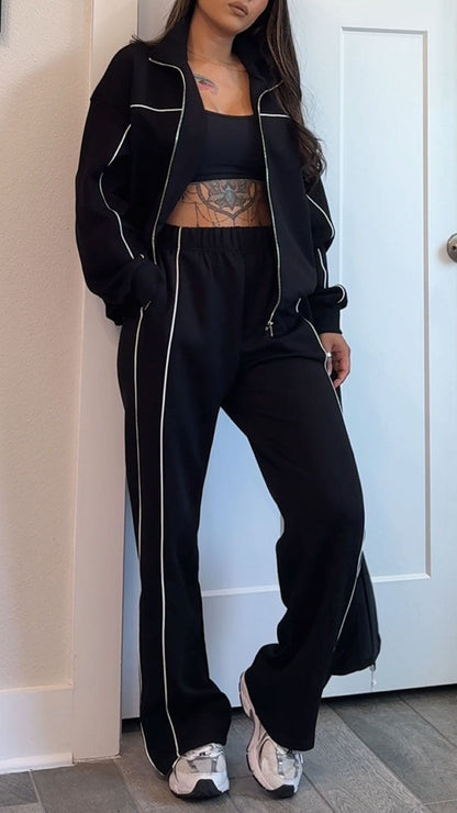 Women's Autumn Casual Side Stripe Sports Outdoor Jacket Coat Pants Set - MYSTERYBOXS