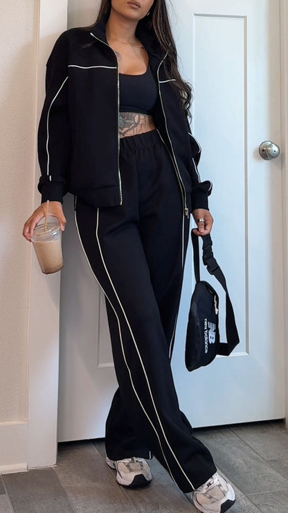 Women's Autumn Casual Side Stripe Sports Outdoor Jacket Coat Pants Set - MYSTERYBOXS