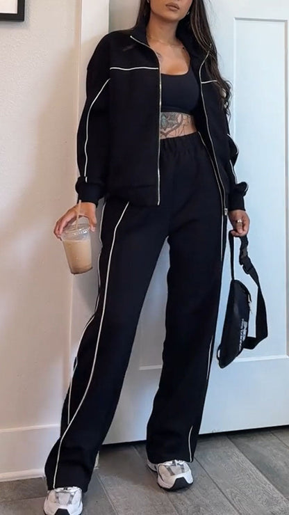 Women's Autumn Casual Side Stripe Sports Outdoor Jacket Coat Pants Set - MYSTERYBOXS