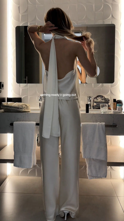 Women's Champagne Color Outerwear Colored Halter Top and Pants Set - MYSTERYBOXS