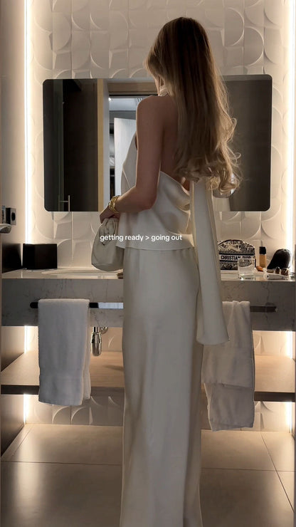 Women's Champagne Color Outerwear Colored Halter Top and Pants Set - MYSTERYBOXS