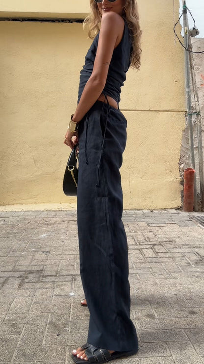 Women's Resort Linen Off-shoulder Black Top and Pants Set - MYSTERYBOXS
