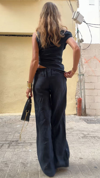 Women's Resort Linen Off-shoulder Black Top and Pants Set - MYSTERYBOXS