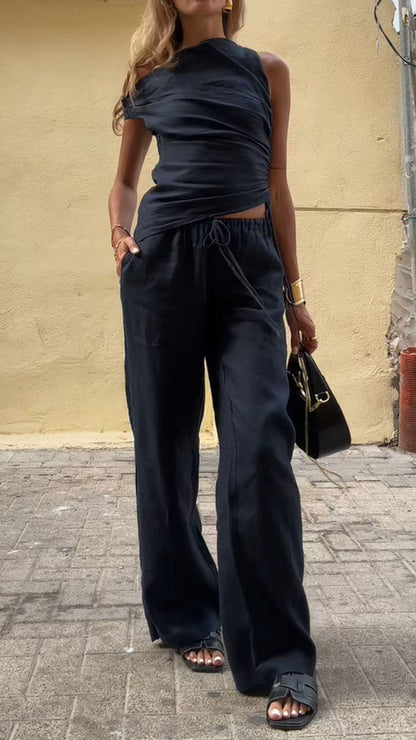 Women's Resort Linen Off-shoulder Black Top and Pants Set - MYSTERYBOXS