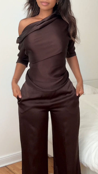 Women's Casual Brown Satin Text T-shirt Top Pants Set - MYSTERYBOXS