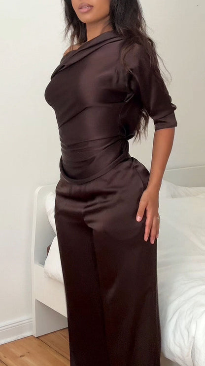 Women's Casual Brown Satin Text T-shirt Top Pants Set - MYSTERYBOXS