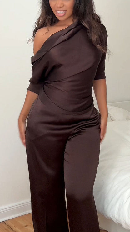 Women's Casual Brown Satin Text T-shirt Top Pants Set - MYSTERYBOXS