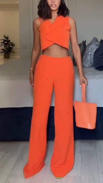 Ladies Collar Irregular Top+ Pants Temperament Casual Suit - MYSTERYBOXS