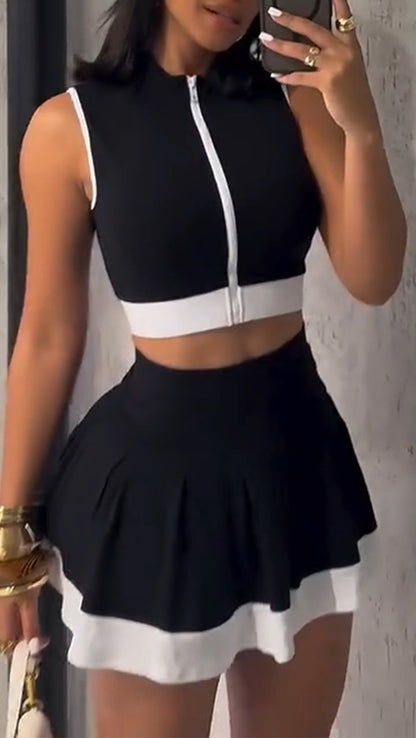 Ladies Round Neck Zipper Top+ Skirt Casual Set - MYSTERYBOXS