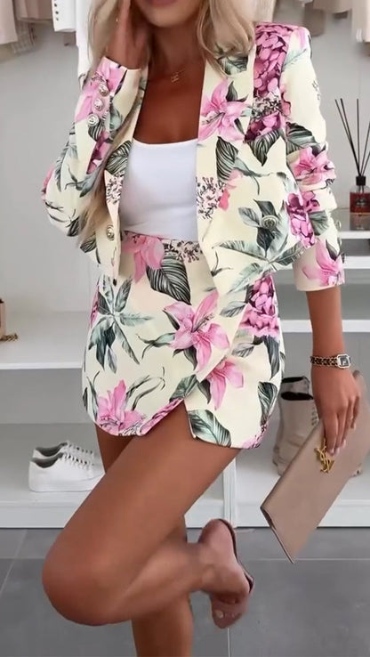 Ladies Collar Printed Jacket+ Midi Skirt Commuting Temperament Set - MYSTERYBOXS