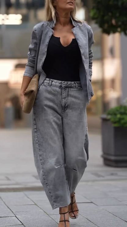 Ladies Round Neck Coat+ Pants Casual Set - MYSTERYBOXS