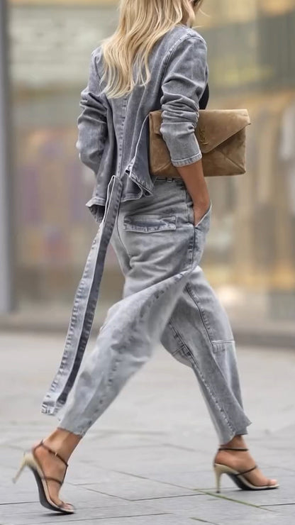 Ladies Round Neck Coat+ Pants Casual Set - MYSTERYBOXS