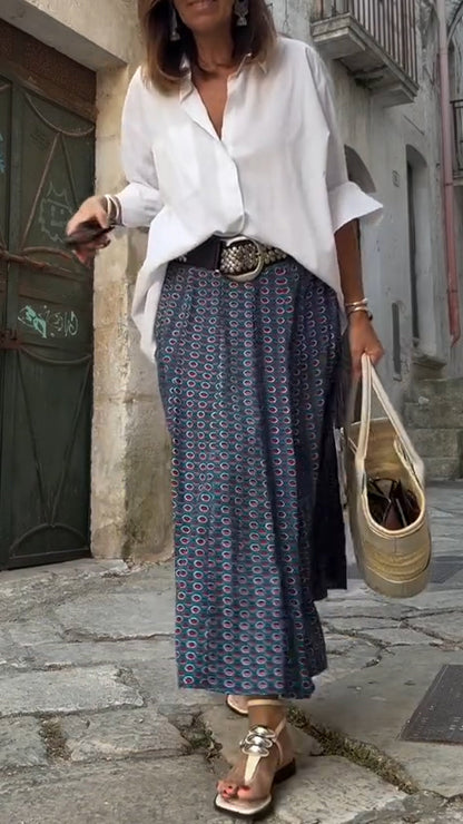 Ladies Collar Shirt+ Printed Skirt Casual Set - MYSTERYBOXS