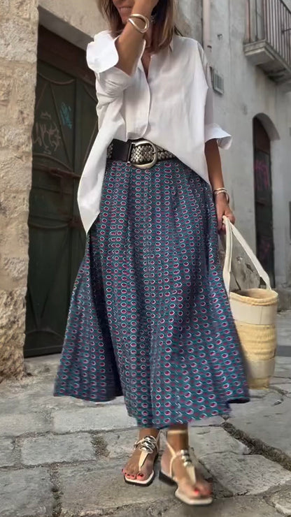 Ladies Collar Shirt+ Printed Skirt Casual Set - MYSTERYBOXS