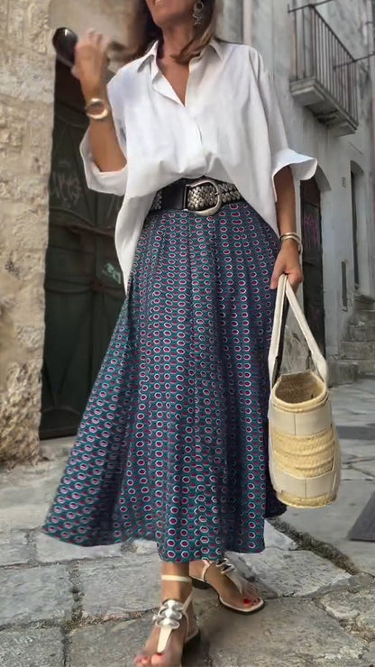 Ladies Collar Shirt+ Printed Skirt Casual Set - MYSTERYBOXS