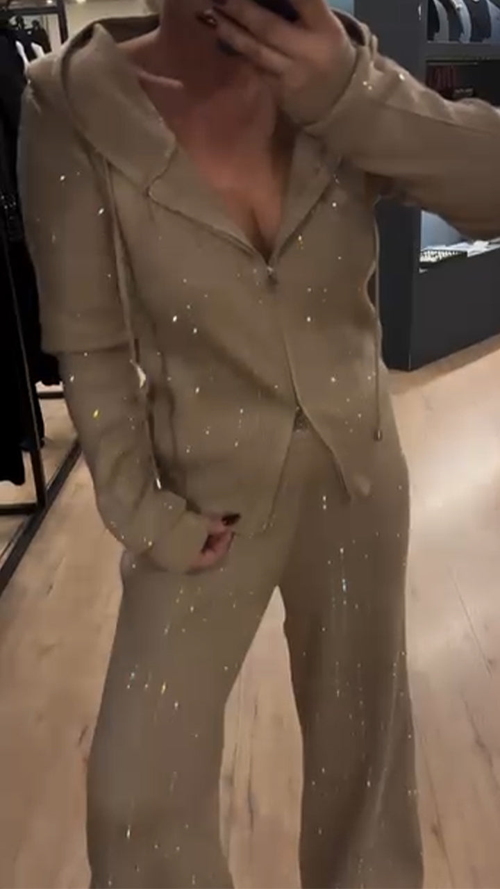 Completo casual da donna con paillettes, scollo rotondo, cappuccio, cerniera e pantaloni