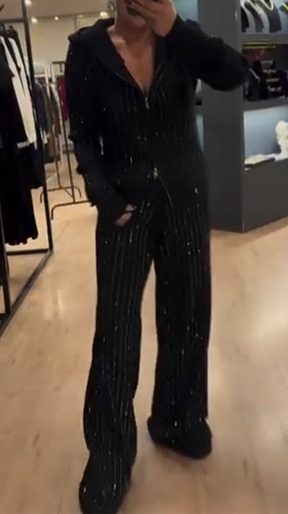 Ladies Round Neck Hooded Zipper Top+ Pants Sequin Casual Set - MYSTERYBOXS
