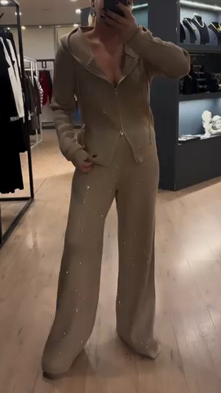 Completo casual da donna con paillettes, scollo rotondo, cappuccio, cerniera e pantaloni