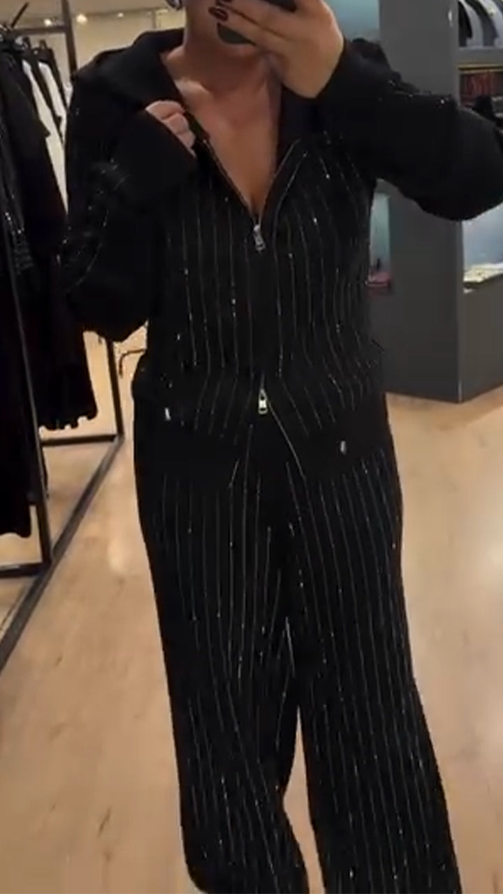 Completo casual da donna con paillettes, scollo rotondo, cappuccio, cerniera e pantaloni